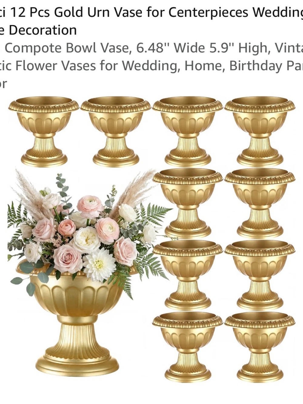 Gold Urn Vases Set of 12 - Elegant Centerpiece Bowls for Wedding